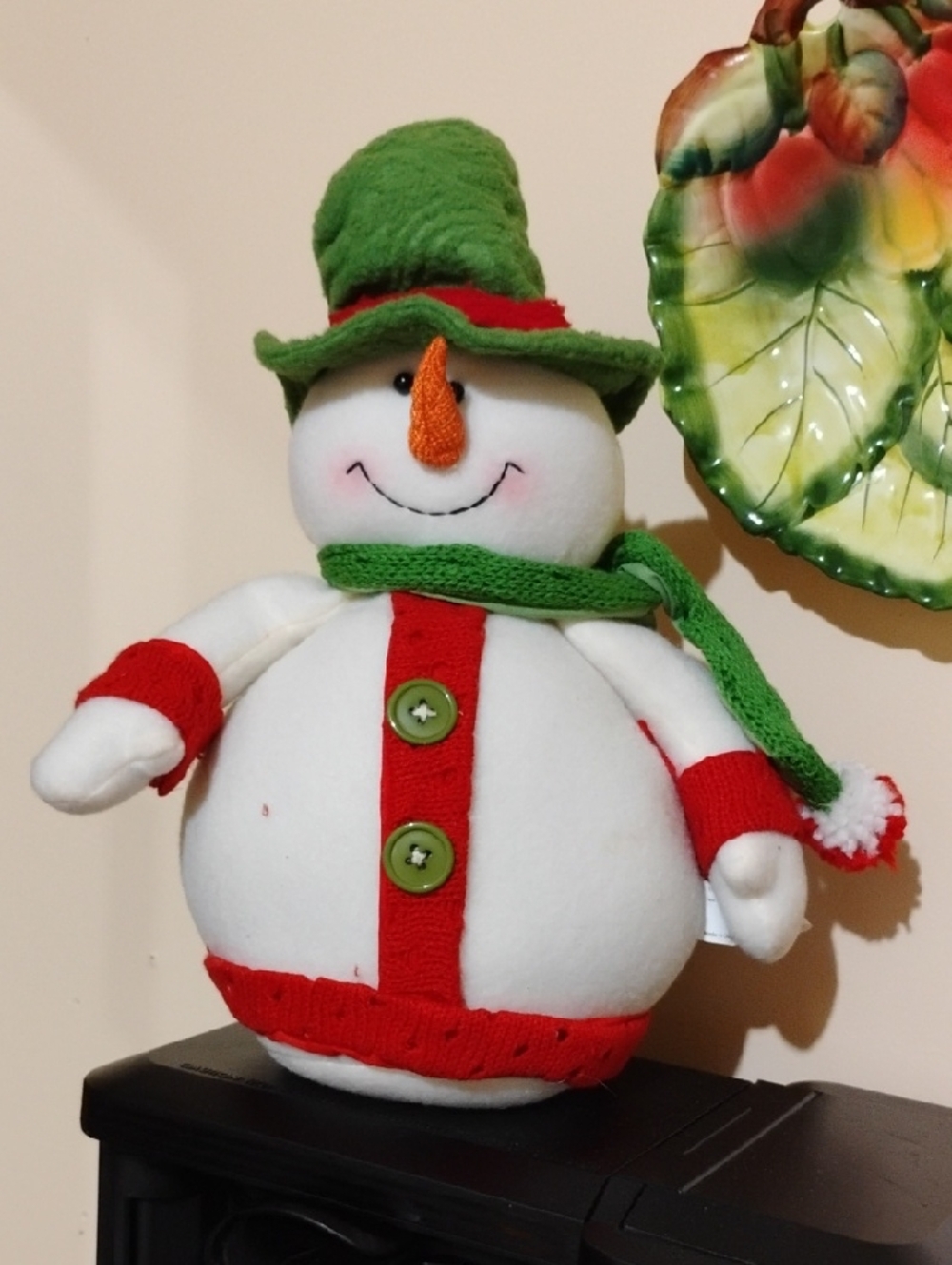 Festive Green Hat Snowman Plush with Red Accents 12" Tall.